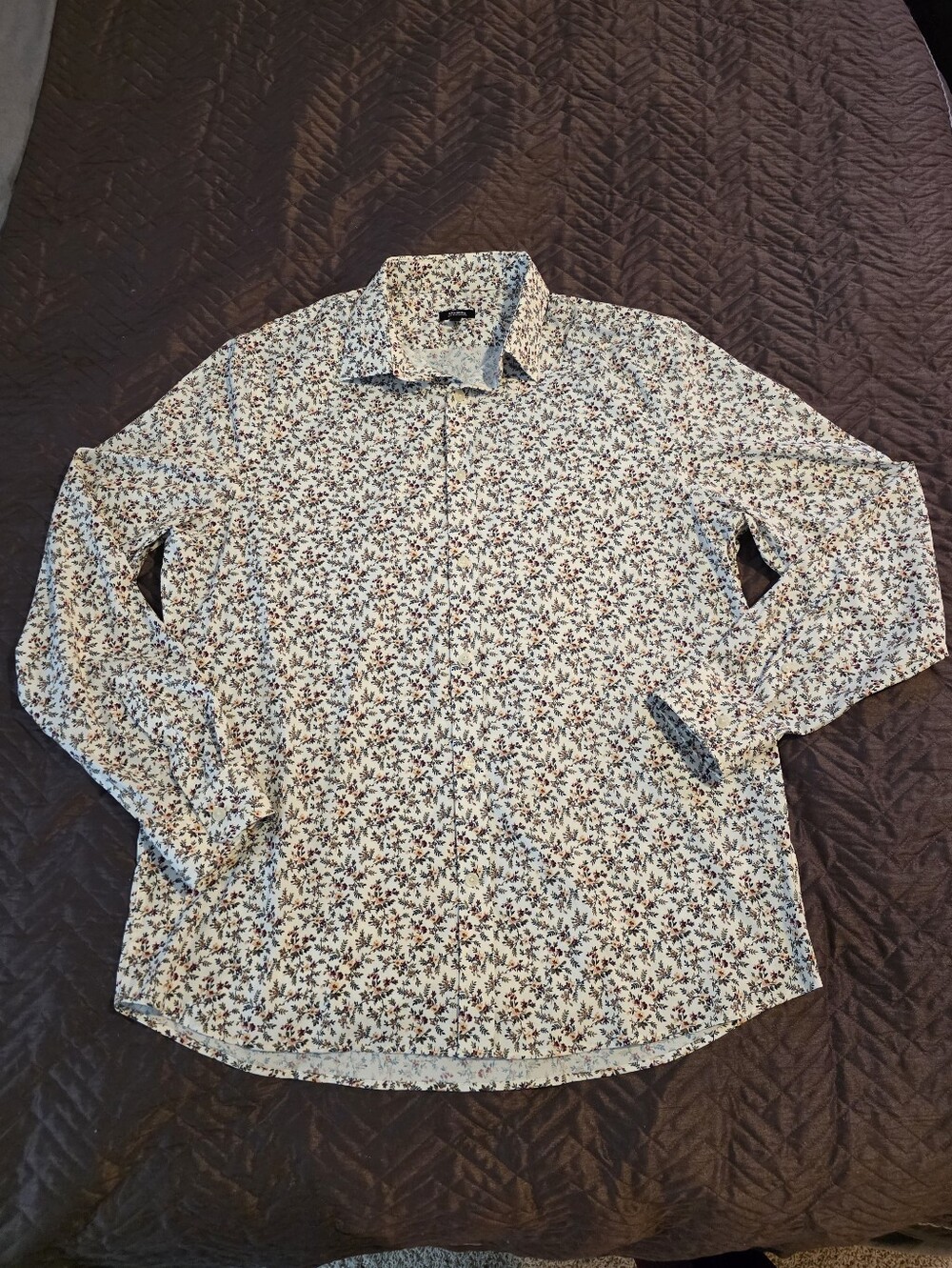 Express Men’s White Floral Dress Shirt with Green And Pink Accents